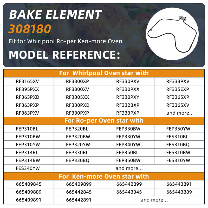 308180 W10308477 Bake Element Fit for Whirlpool Oven Heating Element 311470, 313827, 660576, 661170, 14210047, 308180BULK, AP6007578 RF3165XVW0 RF363PXDN0 FEP310BL0 (2600 Watts, 240 Volt) by AMI PARTS