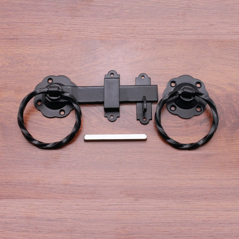 Infinity Decor 6” 150mm Heavy Duty Twisted Ring Gate Latch Lock Set in Black/Zinc Finish for Wooden Garden Gate, Sheds Door, Barn & Garage Gates (Black)