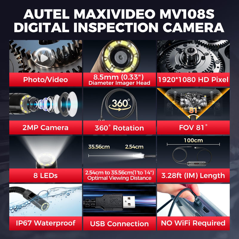 Autel MV108S 1080P HD Inspection Camera, 8.5mm Probe Wide-Angle Borescope, IP67 Waterproof USB Endoscope Snake Camera with LED Lights & 3.3ft Cable, Upgrade of MV108 MV105, for Autel Scanner & PC