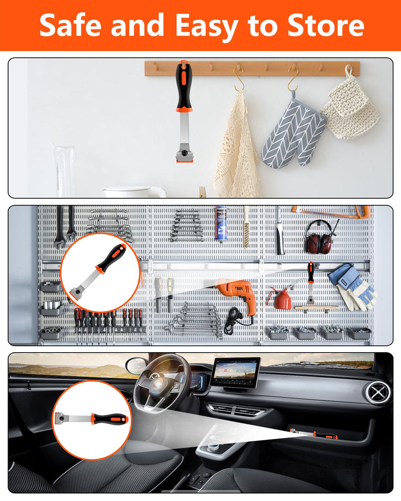Razor Blade Scraper,Long Handle Razor Scraper Tool for Removing Label, Registration Sticker, Tint, Grease from Windshield, Appliance, Glass (Extra 10 Metal and 10 Plastic Blades) Orange