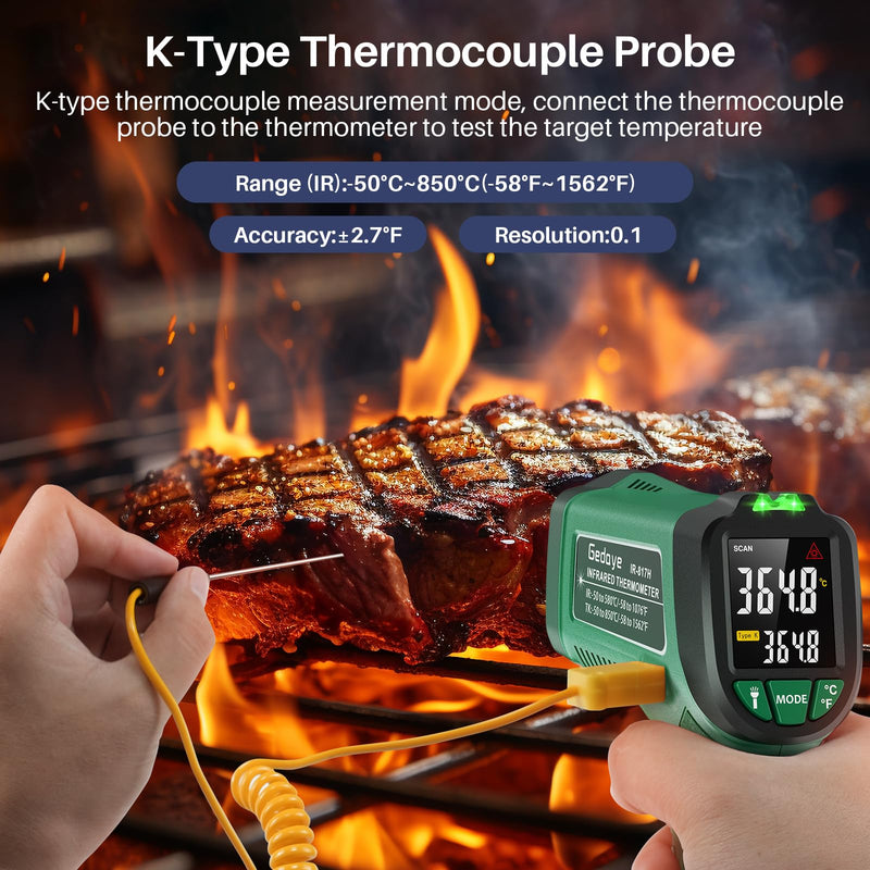 Infrared Thermometer for Cooking, Gedaye Surface Laser Temperature Gun with Laser Pointer 13:1, Metal Probe, Adjustable Emissivity, -58℉ to 1562℉, Thermal Thermometer Gun for Pizza Oven Engine HVAC Green
