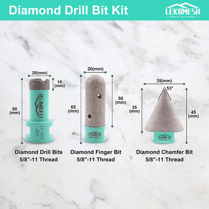3 PCS Diamond Core Drill Bits Set - Vacuum Brazed Tile Hole Saw Core Drill Bit, Chamfer Beveling Bit & Finger Milling Bit for Porcelain Tile, Granite, Marble, Concrete, 5/8"-11