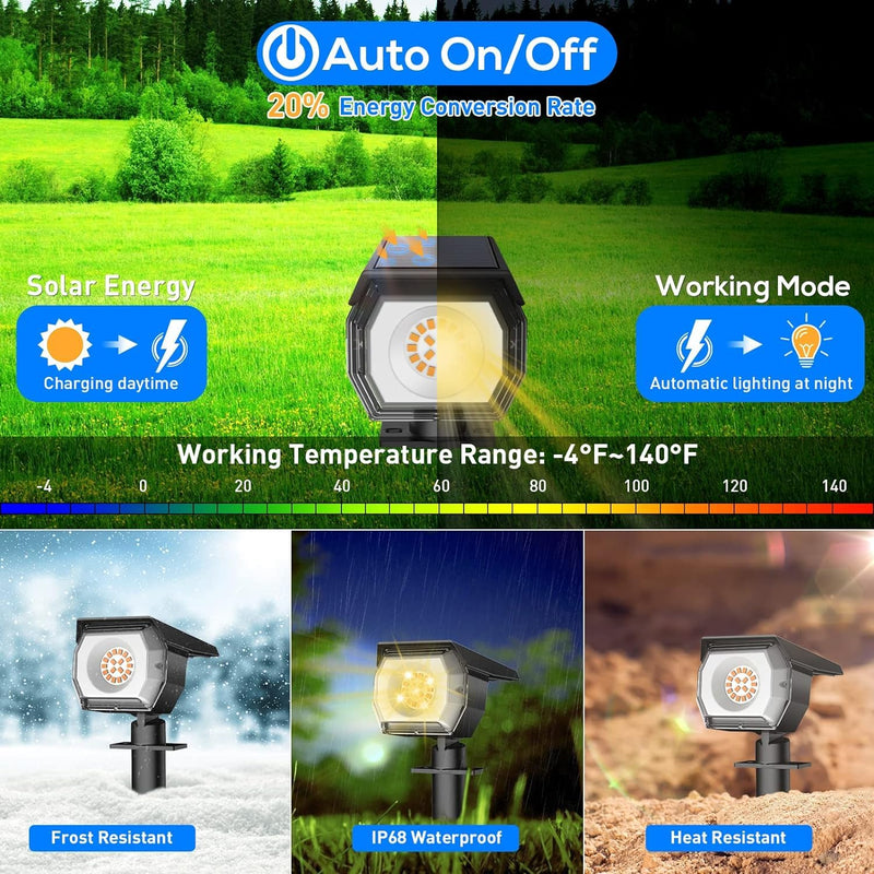 EIUIO Solar Outdoor Lights, 3 Lighting Modes Solar Spot Lights Outdoor with Auto On/Off, Waterproof Landscape Lighting for Garden Yard Pathway 4 Warm White