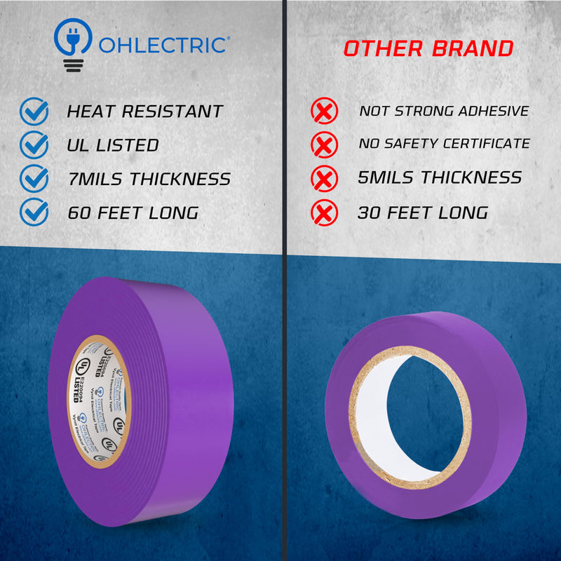 OHLECTRIC Professional Grade Vinyl Electrical Tape | 7 Mil Thick Purple Flame-Retardant, Heat & Weather Resistant 3/4 Inch x 60 Feet | Ideal for Contractors & Electricians,OL-38462