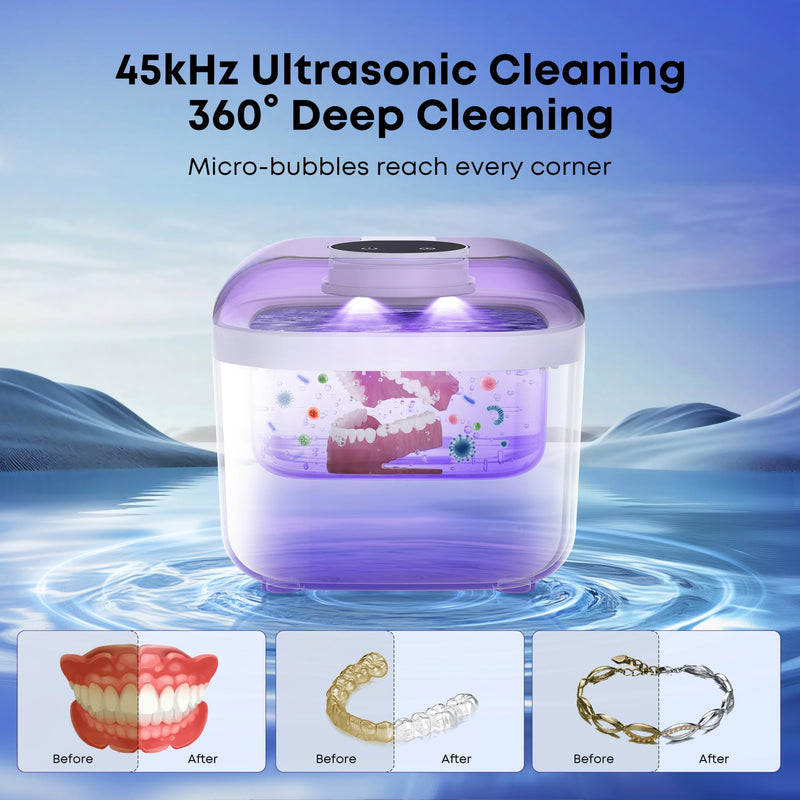 NEATEST Ultrasonic Retainer Cleaner Machine, 45kHz Ultrasonic Denture Cleaner, 350ML Stainless Steel Dental Cleaning Pod, 5 Timer Modes for Retainers, Aligners, Mouth Guards, Braces, Night Guards