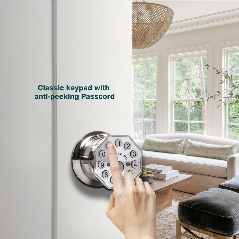 Door Knob with Keypad and Key, Keyless Entry Door Lock,Smart Digital Knob Unlock by Passcode/Keys/USB backuplock,Electronic Door Knob for Home Bedroom Apartment Garage Office Security,Brushed Nickel 1 Pack Satin Nickel