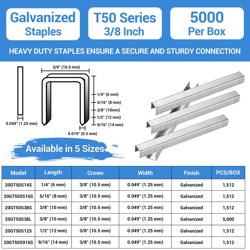 meite T50 Staples, 3/8 Inch Heavy Duty Staples for Staple Gun, 20 Gauge 3/8 Inch Crown Galvanized Upholstery Staples Staple Gun Staples (5,000 Counts) 1 Box (5,000 Counts)