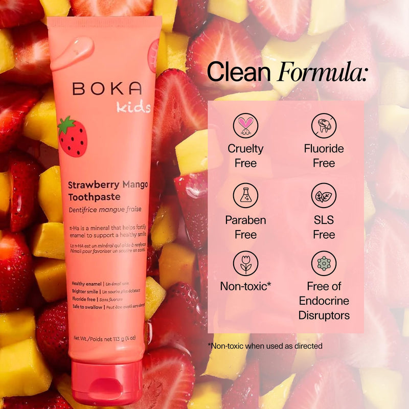 Boka Fluoride Free Toothpaste Nano Hydroxyapatite, Helps Remineralize, Appropriate for Sensitive Teeth, Whitening - for Adult, Kids Oral Care - Strawberry Mango Flavor, 4oz 3Pk - US Manufactured 4 Ounce (Pack of 3)