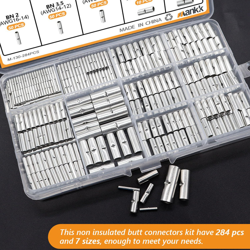 mankk 284PCS Non Insulated Butt Connectors Kit 26-6 Gauge Tinned Red Copper Butt Connector Uninsulated Butt Connector Wire Crimp Connector for Electrical Appliances Cars Boats etc