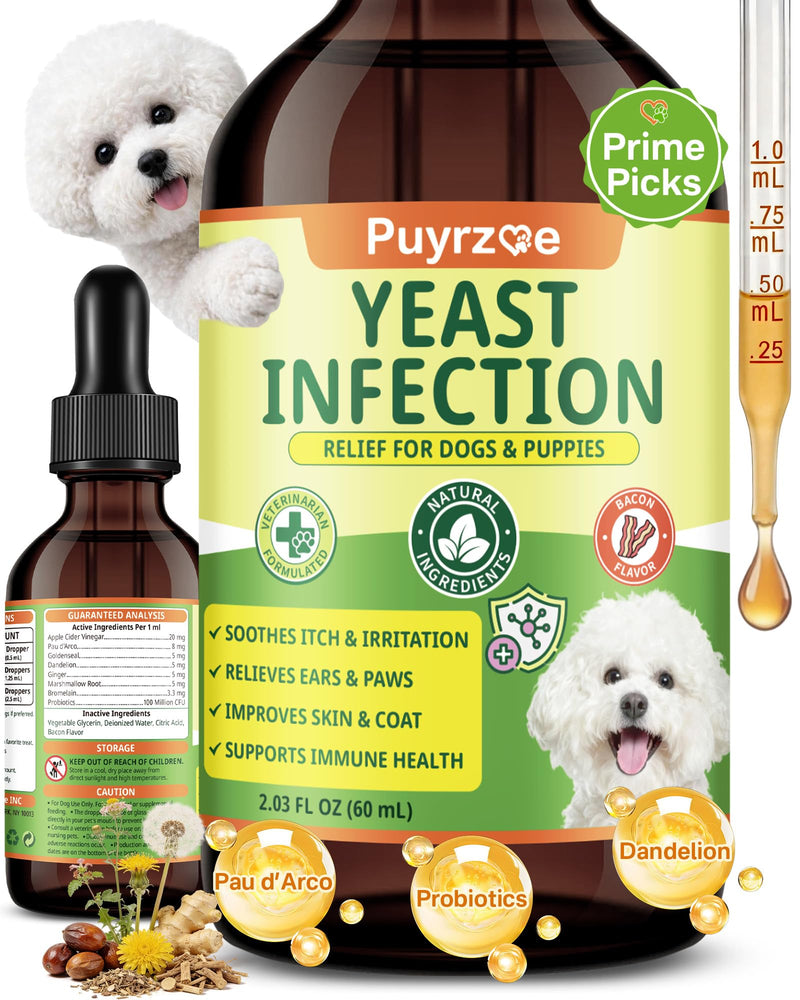 puyrzoe Natural Yeast Infection Treatment for Dogs, Itchy Ears, Skin, Paws & Allergy Relief, Yeast Treatment for Dogs, Supports Gut & Immune Health, Reduces Itching, Irritation & Inflammation, 60ml Yeast Drops-1 PC