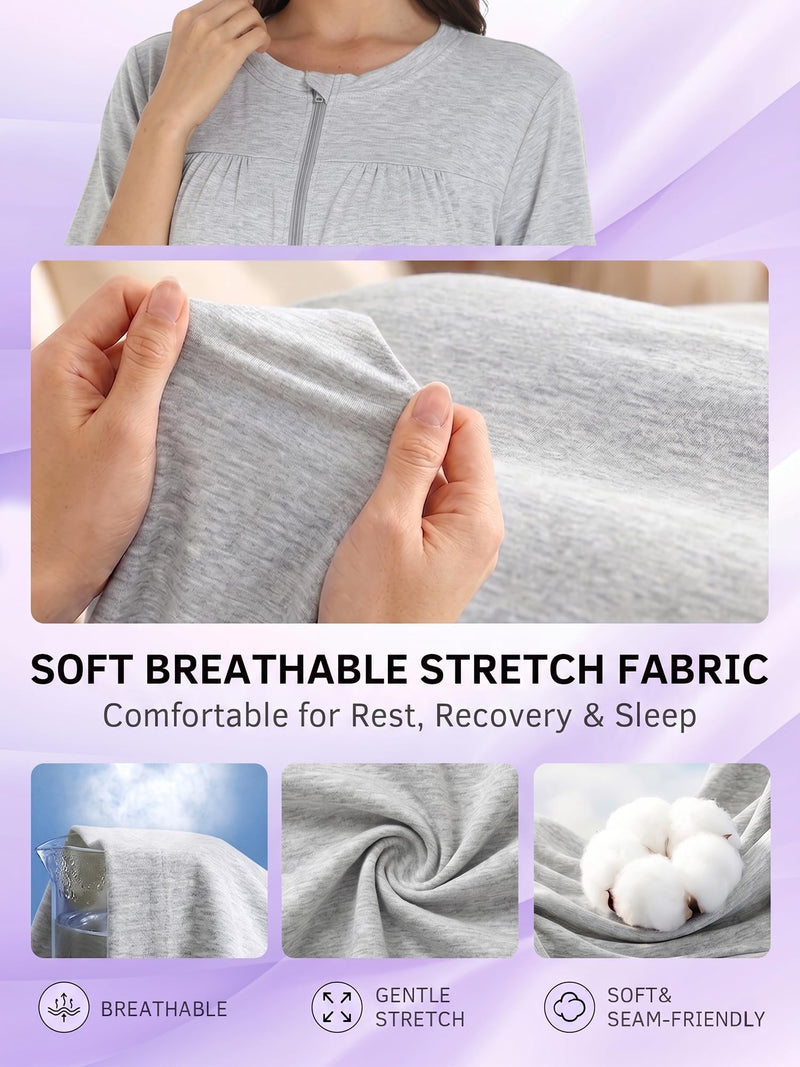 Mastectomy Recovery Robe for Women, Front Zip Post Surgery Gown with 4 Drain Pockets for Breast Recovery XX-Large Grey