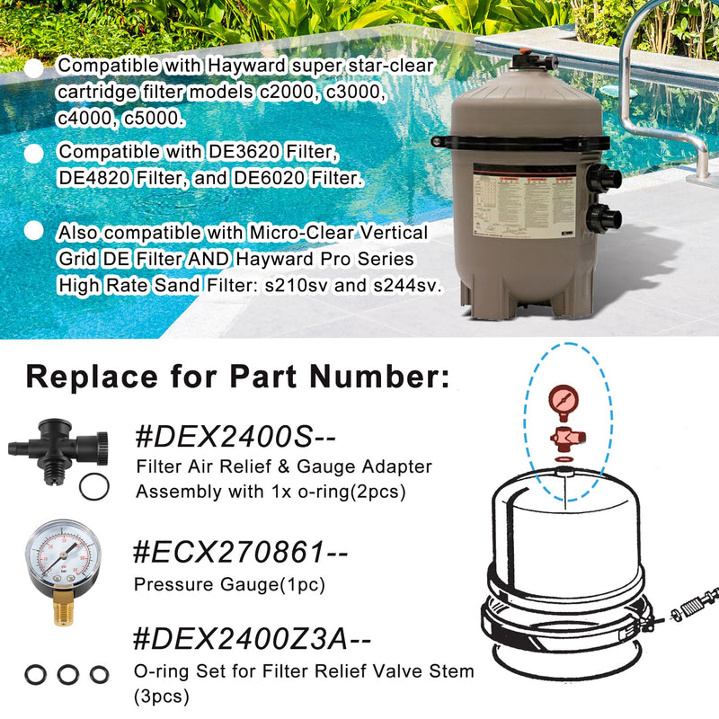 DEX2400S Filter Air Relief Gauge Adapter Assembly + ECX270861 Pressure Gauge + DEX2400Z3A O-Ring Set for Filter Relief Valve Stem for Hayward Pool Filters