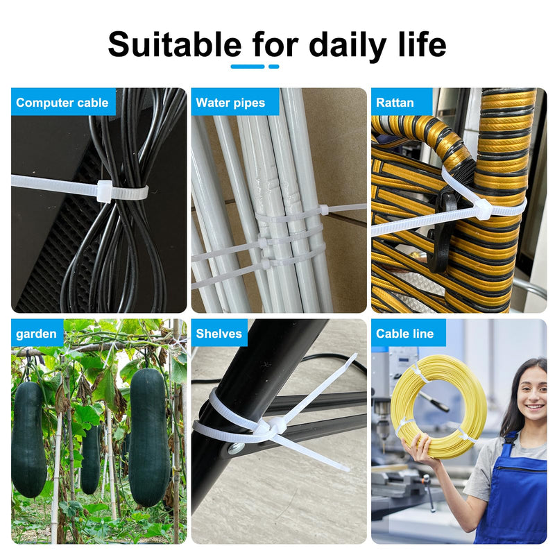 White Zip Ties 8 Inch 100 Pack Clear Tensile Strength 40 lbs UV Resistant Industrial Cable Ties Self Locking Zipties Wire Ties Wrap Indoor Outdoor Use for Fence Garage Camping 8 inch 100pack