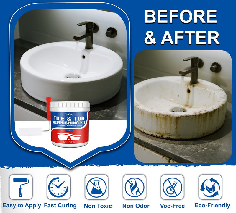 Tub and Tile Refinishing Kit, 17oz/500g Tile Paint with Tools and Hardener - Semi-Gloss White Bathtub Paint for Bathroom, Countertop, Wash Basin, Kitchen, Porcelain, Floor, Easy to Use, 25-30sq.ft 17 Ounce (Pack of 1)
