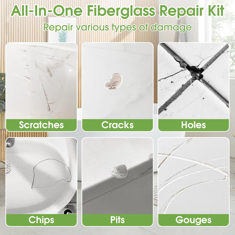 Bathtub Repair Kit White for Tubs, Fiberglass Showers, Tiles, Sinks & Countertops, Fix Chips, Cracks, Holes, Scratches on Porcelain, Enamel, Acrylic, Granite, Ceramic, Quartz Surfaces