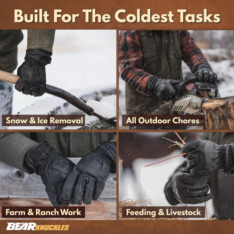 Bear Knuckles Insulated Leather Work Gloves D409, Midnight Black Fleece Lined Cowhide, Heavy Duty Work Gloves. Large