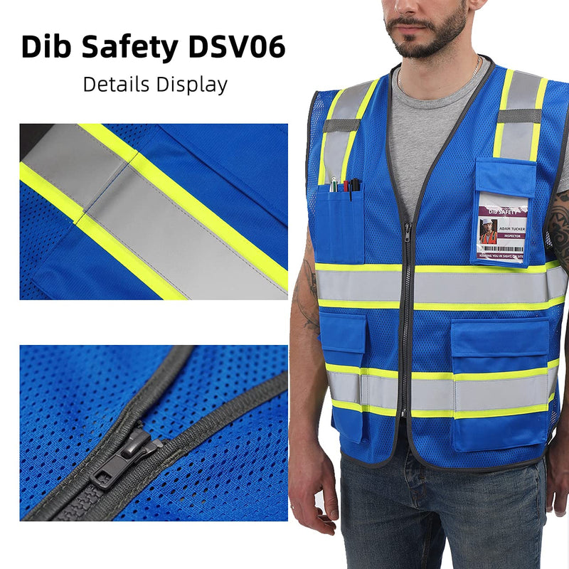 Dib Safety Reflective Mesh Vest High Visibility Two Tone with Pockets and Zipper, Blue Mesh with Yellow Trim L Large