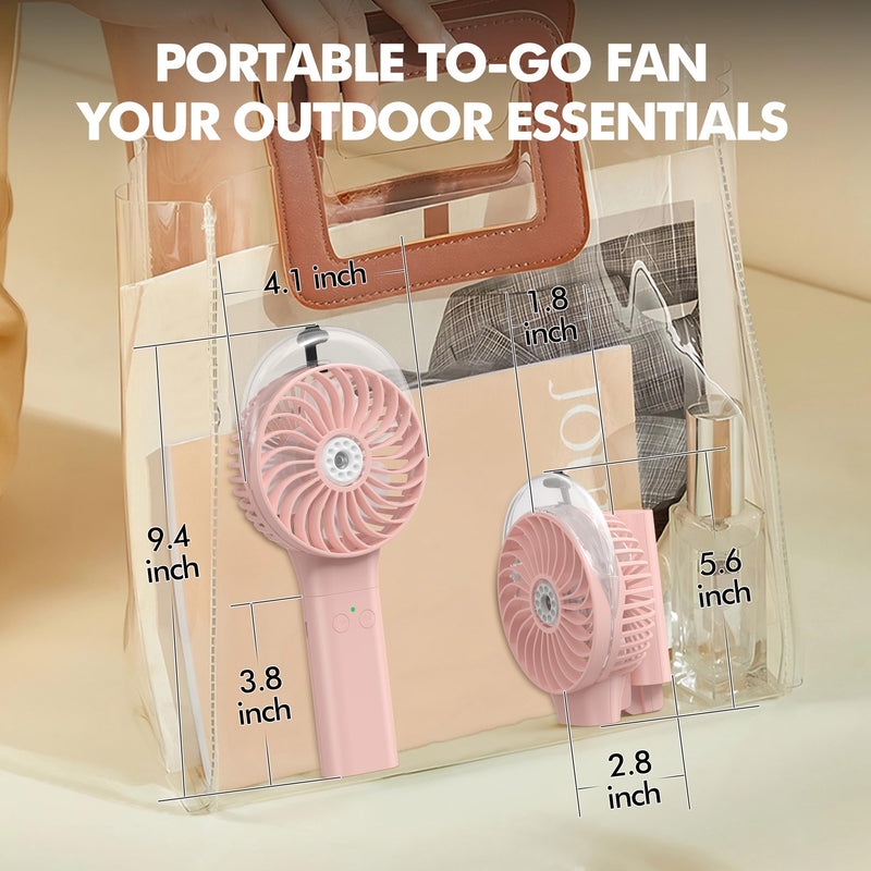MORECORE Portable Misting Fan, 180° Foldable Handheld Personal Fan with Mist Spray, 3 Adjustable Wind Speeds, USB Rechargeable for Travel Outdoors Makeup Camping Home Office (Pink)