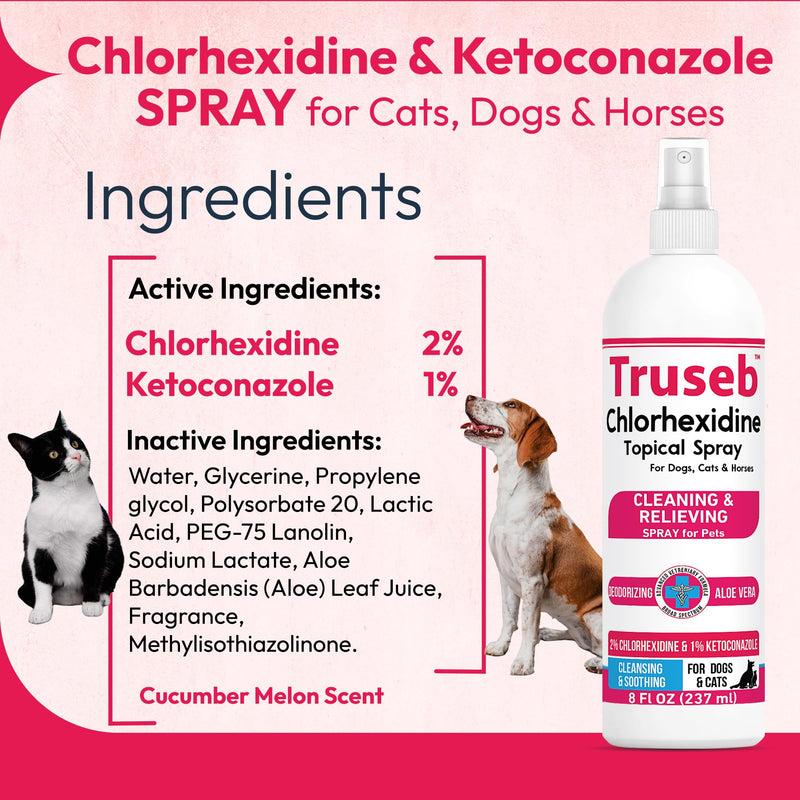 Truseb Medicated Topical Ketoconazole and Chlorhexidine Spray for Dogs, Cats, and Horses with Essential Fatty Acids, Ketoconazole Spray Aloe and Vitamin E (Ketoconazole & Chlorhexidine Spray, 16 oz) Ketoconazole & Chlorhexidine Spray