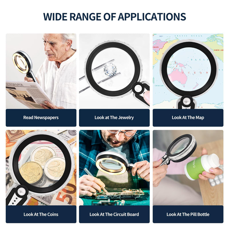 45X Magnifying Glass with Light, 4.6 Inch 1200mAh USB Rechargeable Large Handheld Magnifier, 6 Color Modes, Perfect for Low Vision Seniors, Macular Degeneration & Fine Print (Black)
