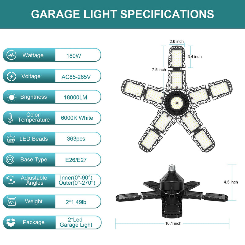 Nexillumi 2-Pack Led Garage Light 180W, 36000LM Garage Lights Ceiling LED with E26/E27 Medium Base, 6000K Deformable LED Shop Lights with 10+1 Adjustable Panels for Garage, Workshop, Attic, Basemen 180W 2 Pack