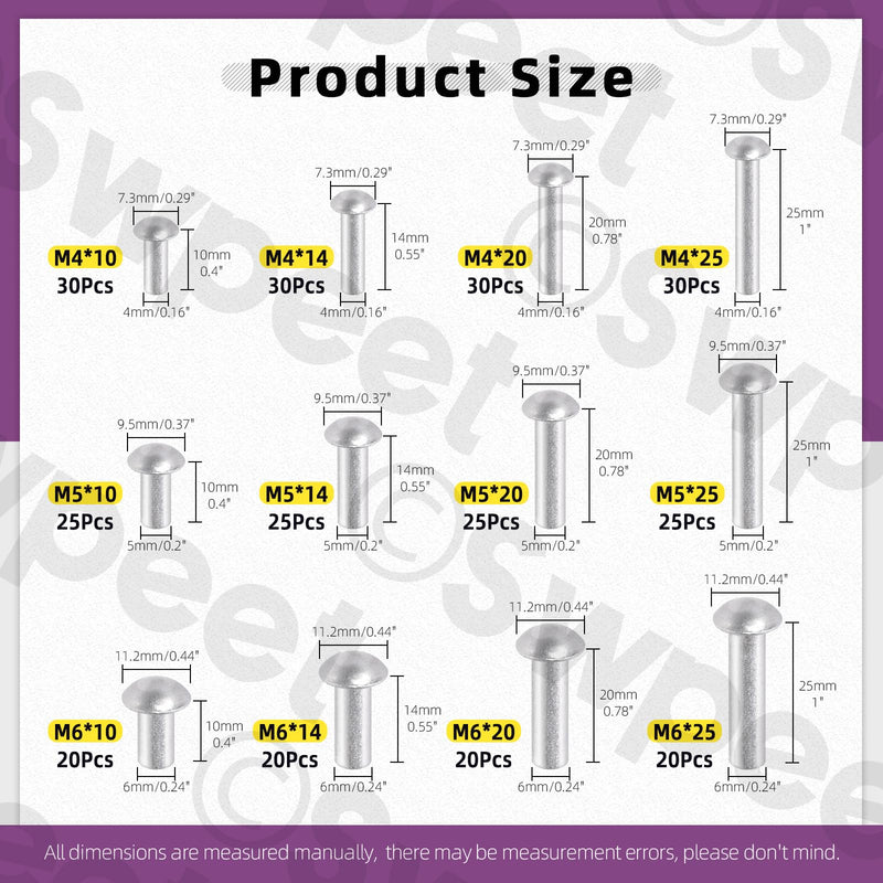 Swpeet 300 Pack M4 M5 M6 × 10mm 14mm 20mm 25mm Solid Aluminum Brazier Head Rivets, Aluminum Rivet, Plain Finish, Universal Head, High Corrosion Resistance for Repairing Boats, Aircraft, Making Armor