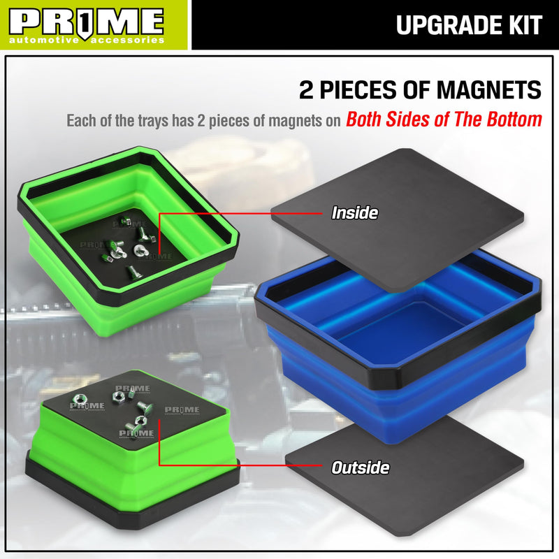 PR1ME Upgrade Collapsible Magnetic Parts Tray Set, 3 Pack, Foldable Magnetic Tool, 4.25 inch Square Silicone Bowls with Magnetic Base Stores and Organizes Small Parts and Tools Upgrade Trays