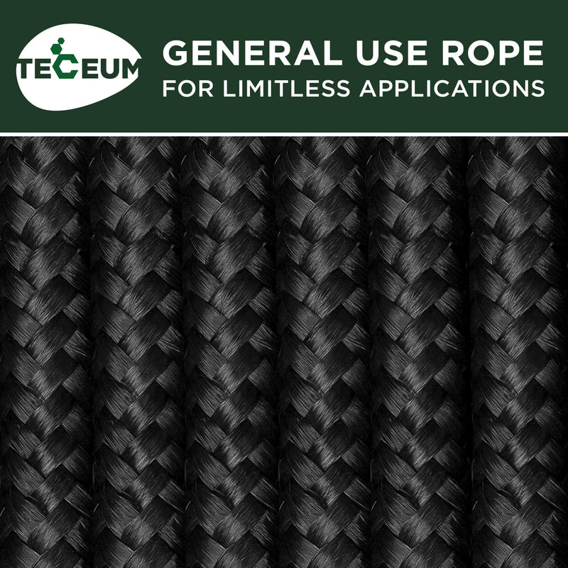 TECEUM Rope – 1/4” & 3/8” – 90 FT | 150 FT – Strong All-Purpose Utility Rope – Camping, Crafting, Flag Pole, Indoor & Outdoor – Polypropylene Nylon Poly Lightweight Diamond Braided Cord – Black 1/4" - 90 FT (27.5M)