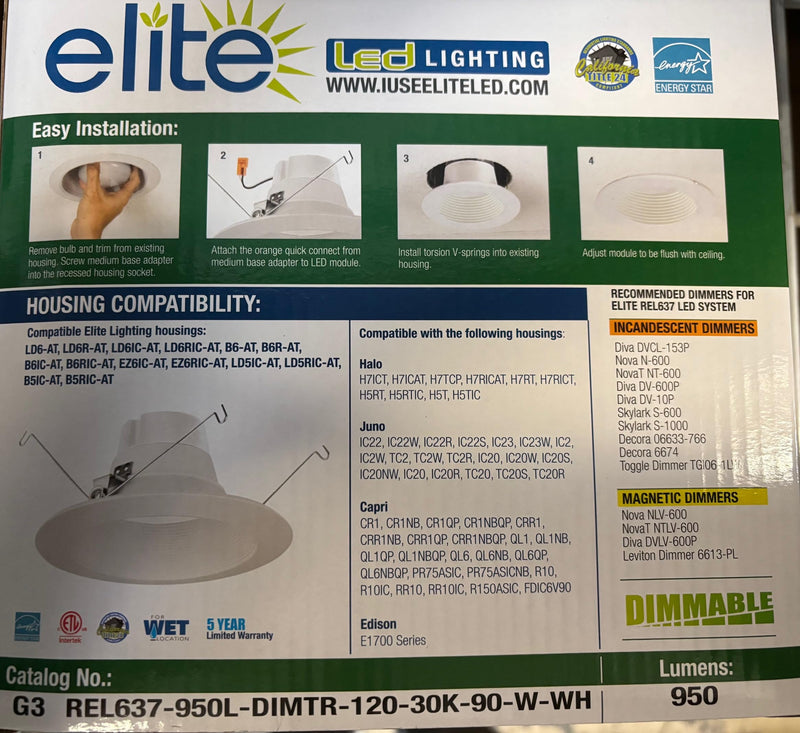 Elite Lighting REL637950LDIMT LED Retrofit Lighting Module, 120V, 3000K, White
