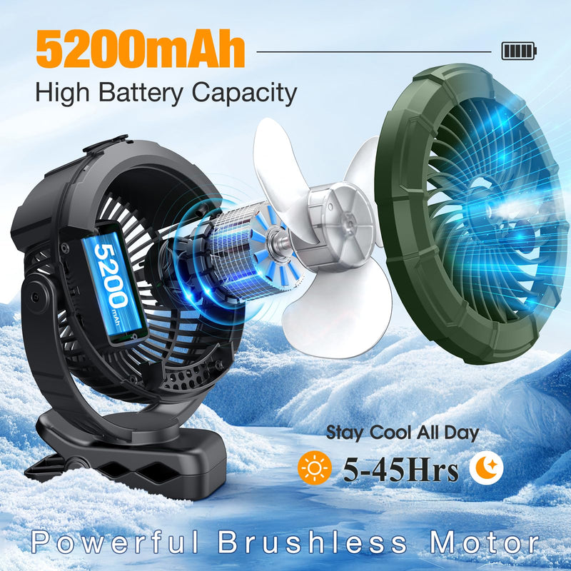 Ausic Portable Misting Clip on Fan, Golf Cart Fans, Max 45H Runtime, 100ml Camping Stroller Fan with LED, 360° Rotate Cooling Spray, Outdoor Rechargeable Battery Fans for Travel/Home/Beach Green