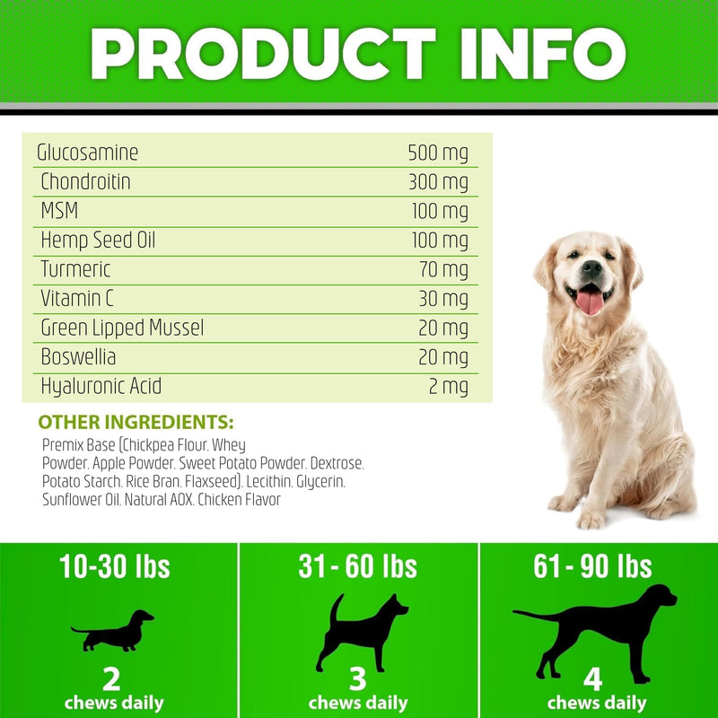 Hemp Hip and Joint Supplement for Dogs - Glucosamine for Dogs - 170 Dog Joint Pain Relief Treats - Chondroitin, Hemp Oil, MSM - Mobility & Flexibility Support - Advanced Care Health - Made in USA 170 Soft Chews