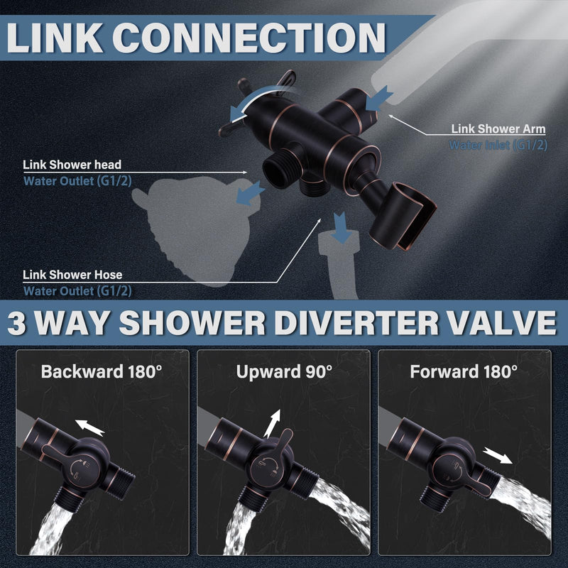 Shower Arm Diverter with Handshower Mount, G1/2 Brass 3 Way Diverter Valve Bathroom Universal Shower System Replacement for Handheld Shower and Fixed Shower Head, Oil Rubbed Bronze