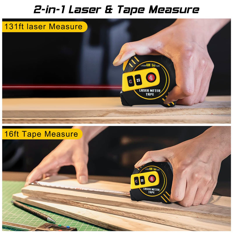 Digital Laser Tape Measure,131ft Laser Distance & 16ft Tape Measure 2 in 1 Laser Measurement, Area, Volume Laser Measure for Construction DIY Woodworker
