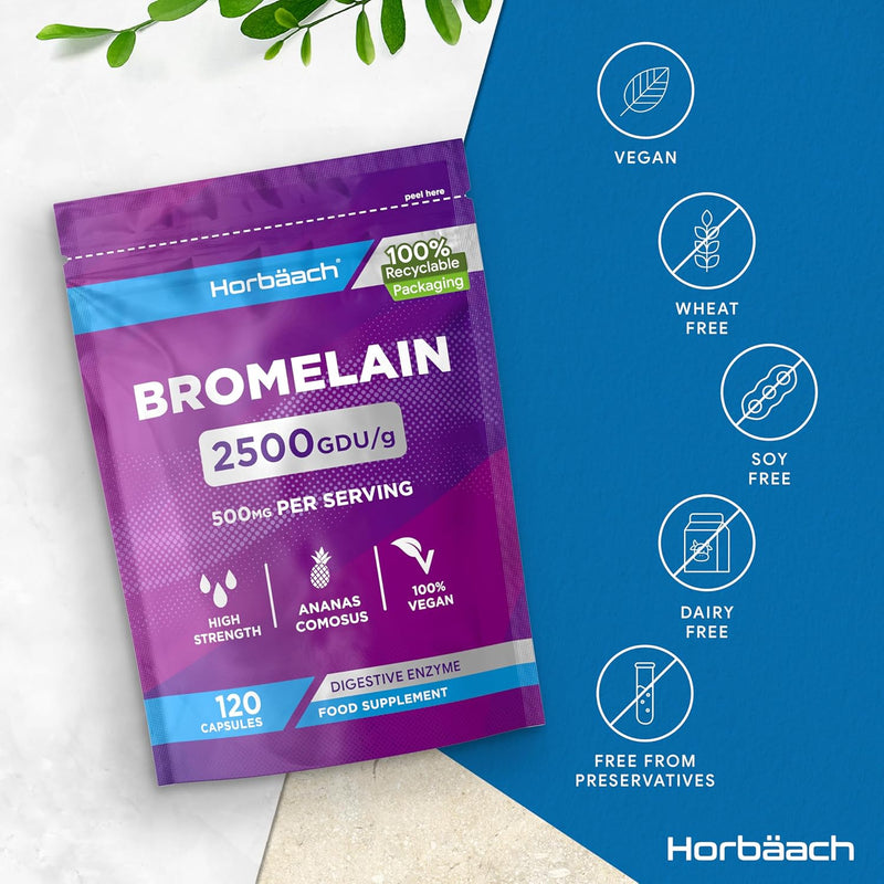 Bromelain 500mg high dose | 2500 GDU/g | 120 Vegan Capsules | Digestive enzyme | from Horbaach