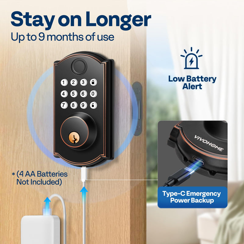 VIVOHOME Keyless Entry Door Lock with Fingerprint, Electronic Keypad Deadbolt for Front Door, Auto Lock, 2 Keys, Easy Installation Basic