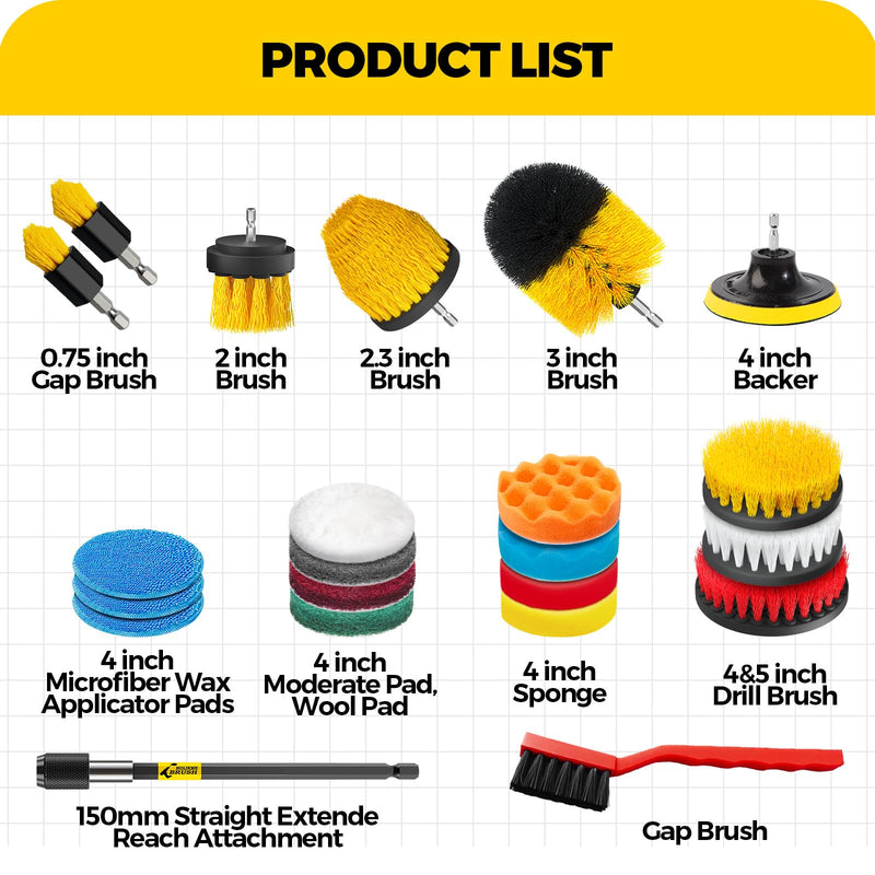 Holikme 22Pack Drill Brush Attachments Set,Scrub Pads & Sponge, Buffing Pads,Power Scrubber Brush,Car Polishing Pad Kit,Wax Applicator Pad,Car Cleaning Kit,Masonry Brushes,Cleaning Supplies Yellow