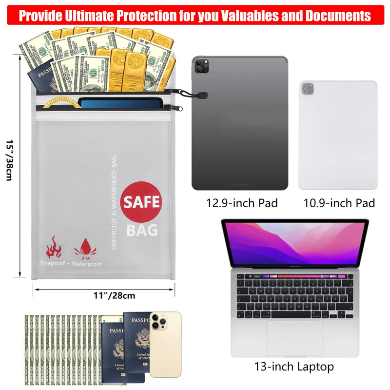 Fireproof Document Bag (2000℉) Upgraded 2 Pockets, GEMEK 15”x 11” Fireproof and Waterproof Money Bag Fireproof Safe Storage for Money, Documents, Jewelry and Passport (Silver - 2 Zipper) Silver - 2 Zipper