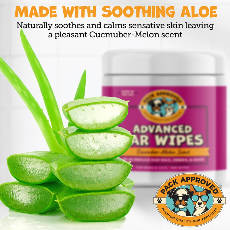 Pack Approved Advanced Ear Wipes for Dogs & Cats with Aloe Vera - Gentle, Non-Irritating Ear Cleaner for Cats and Dogs - Helps Deodorize and Remove Ear Wax - Cucumber Melon Scent (100 Wipes) Regular Wipes