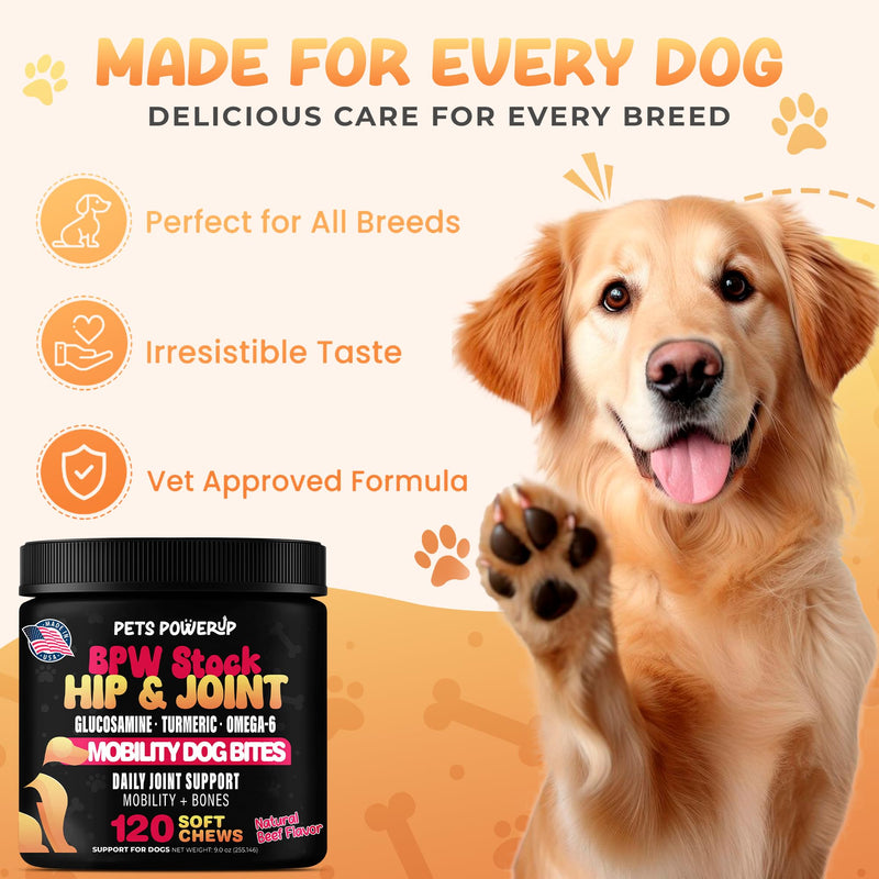 Hip & Joint Mobility Dog Vitamins and Supplements (120 Ct) Dog Bites Soft Chews Treats with Glucosamine Chondroitin MSM Turmeric Omega 6 Dog Joint Supplement for Small Medium Large Dogs