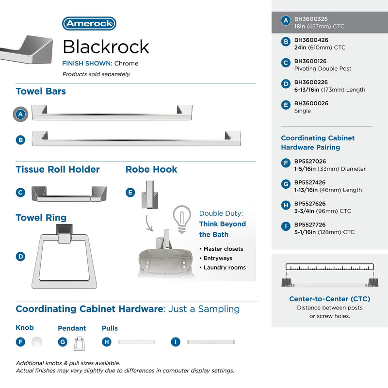 Amerock BH3600326 | Chrome Towel Bar | 18 inch (457 mm) Center-to-Center Towel Rack | Blackrock | Bathroom Towel Holder | Bathroom Hardware | Bath Accessories | Hand Towel Holder