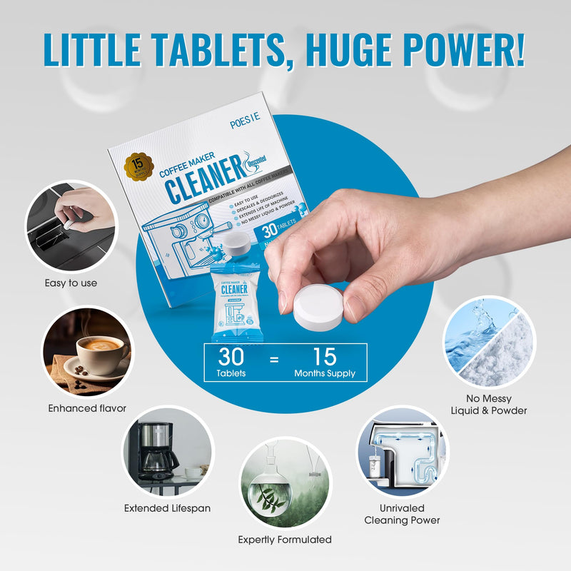 Poesie 30 Count Coffee Machine Cleaning Tablets, Coffee Maker Cleaner and Descaler for All Coffee Machine
