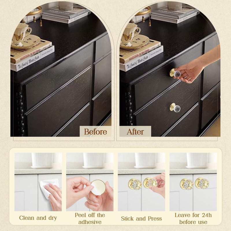 1-3/5 Inch Round Clear Crystal Self Adhesive Knobs 40mm Ball Cabinet Handles for Drawers Mirrors Cupboards Glass Sliding Doors Windows Staircase Corner Decor Peel and Stick Pulls (2, Gold) 2