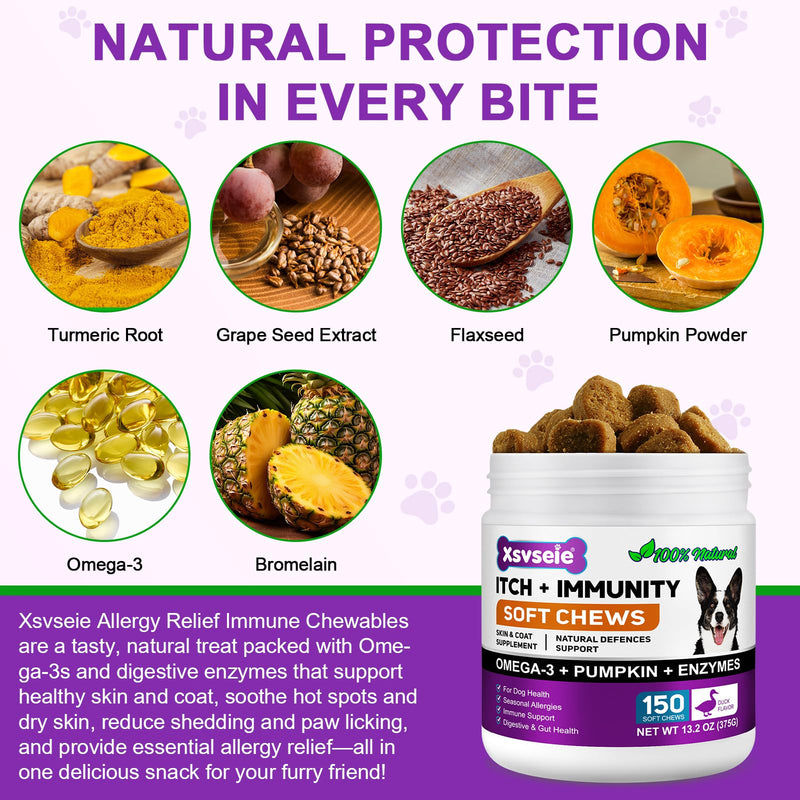 Dog Allergy Relief Chews, Dog Allergy Relief Treats for Itching Skin, Anti-Itch for Dogs, Immune Supplement, Seasonal Allergies, All Breeds and Sizes - 120 Grain