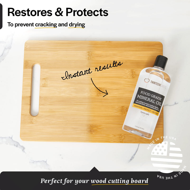 Thirteen Chefs Mineral Oil - 8 oz Food Grade Conditioner for Wood Cutting Board, Countertop & Butcher Block, Lubricant for Knife or Meat Grinder - Safe USP Finish on Marble, Soapstone 8 Fl Oz