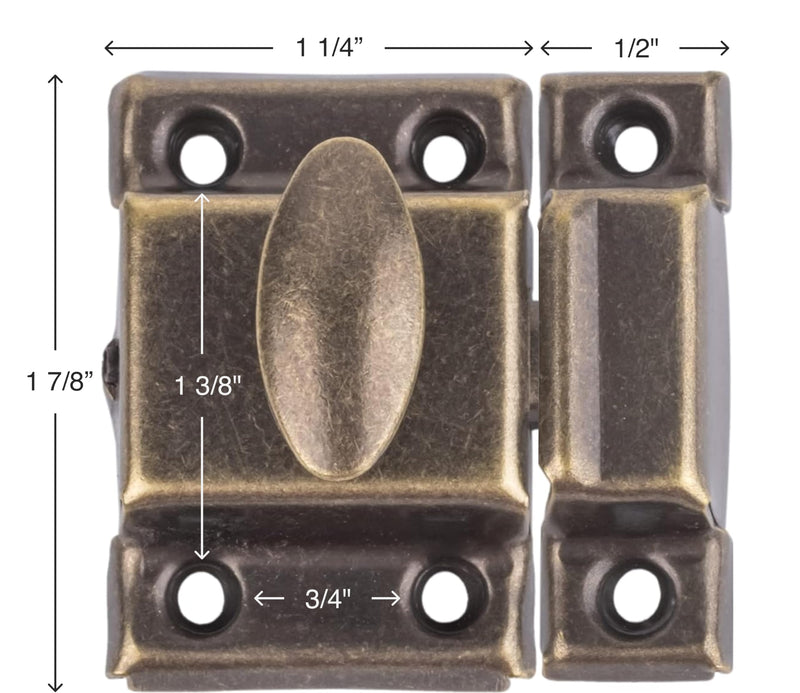 Small Stamped Antique Brass Cabinet Door Latch - 1 7/8" × 1 7/8" - Spring Loaded Cupboard Door Latch with Oval Turn - Vintage Cabinet Hardware | UA-141-LAB (1)