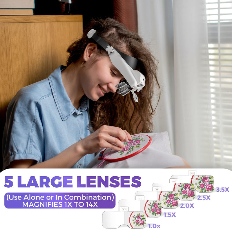 Magnifying Glass with Light - 1X to 14X Magnifying Glasses for Close Work, Adjustable Jewelers Loupe Headset with 1x, 1.5X, 2X, 2.5X, 3.5X Lens for Hobby, Jewelry, Crafts White