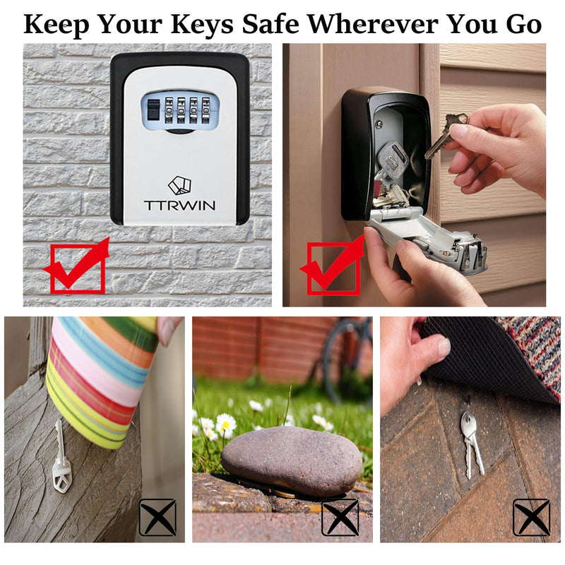 TTRWIN Key Lock Box for Outside, Resettable 4 Digit Combination Waterproof Lockbox, Key Safe Storage Security Lock Box, 5 Keys Large Capacity Wall Mounted LockBox for House Key, ID Card, Garage Key Gray-003 1 Pack