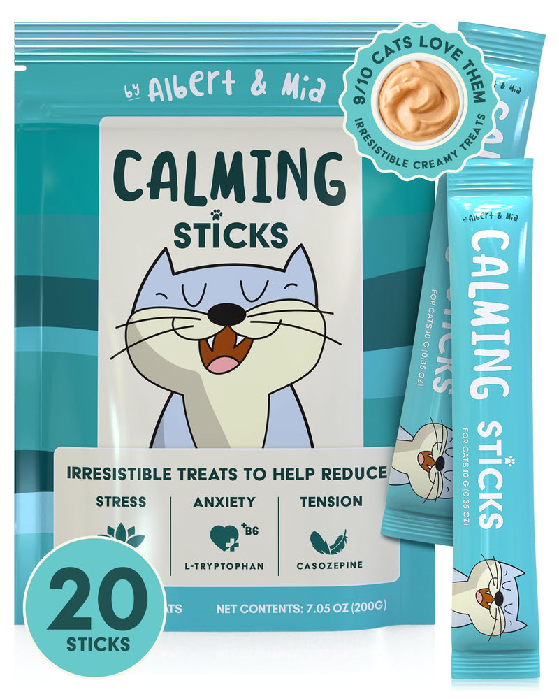 ALBERT & MIA Lickable Cat Calming Treats - Stress & Anxiety Relief for Indoor Cats - Tasty & Vet Calming Treats for Cats & Kittens (Calm Care for Grooming, Car Rides, Travel and Sleep Aid) 20 Pack