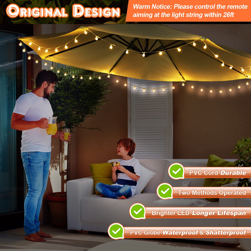 Enhon Patio Umbrella String Lights, Shatterproof Globe LED String Lights with Remote Control, 8 Lighting Modes, Battery/USB Powered, Waterproof Hanging Light Decorate for Patio Warm White