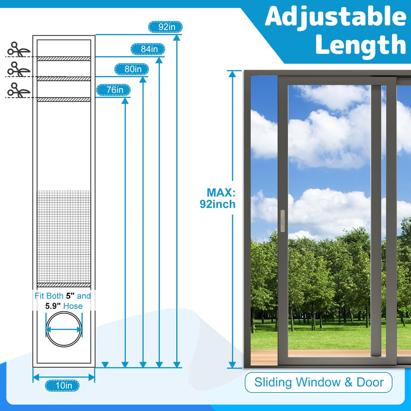 Air Jade Portable Air Conditioner Sliding Door Vent Kit, Insulated Sliding Door AC Vent Kit with Mesh Vent, Adjustable Door Seal Kit from 76" to 92", Fits 4", 5" and 5.9" Duct & Hose, with Leaf Guard Fit up to 92 inches